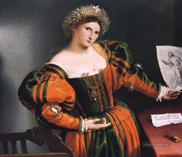  Bild Kunst - Porträt einer Dame mit einem Bild von dem Selbstmord der Lucretia Renaissance Lorenzo Lotto